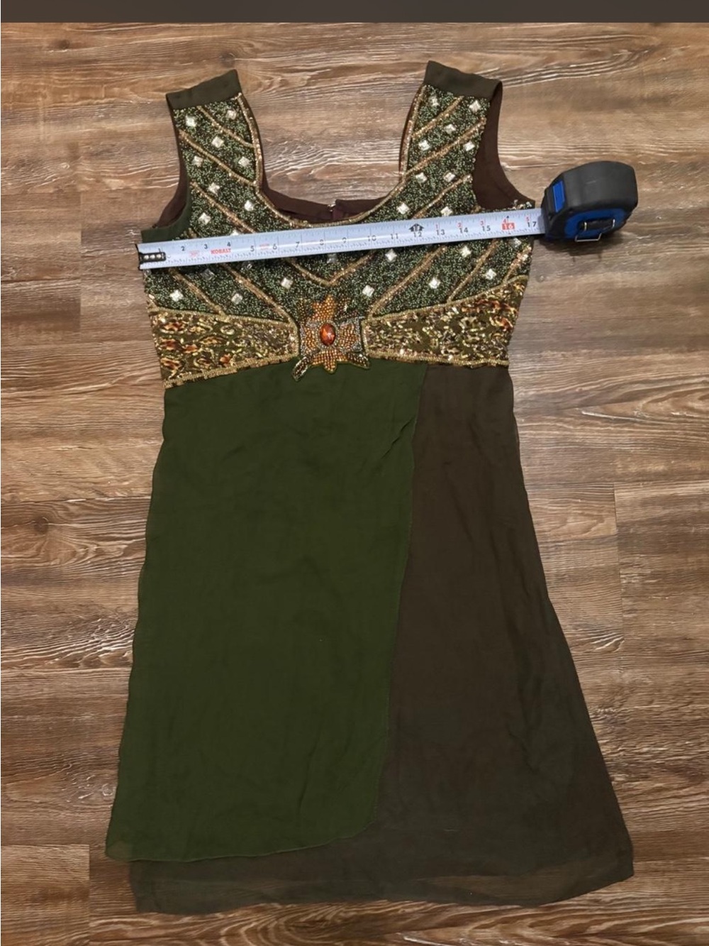 Decorative Beaded Olive & Brown Mini Dress